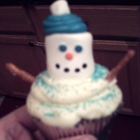 Haley's Snow Man Cupcakes I made these for my daughters Christmas Party today ...Wasc Chocolate cupcake with cream cheese frosting, Marshmallow Head, Pretzel stick...