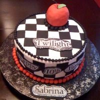Twilight Twilight cake, all fondant decorations, rice krispy treat apple and edible image words...