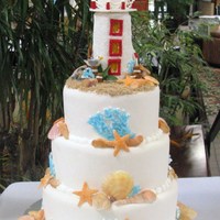 Lighthouse The lighthouse is made from rice crispie treats. The seashells are gumpaste and coral is royal icing sprinkled with colored sugar.