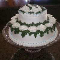 Shower For Co-Workers My first attempt at a layered cake of any kind. Top layer - Red Velvet, Bottom Layer - half choc/white with BC frosting. The blue was their...