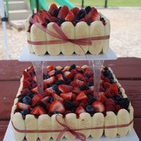 Delicious This was a vanilla cake with rasberry filling and a rasberry glaze on top, then covered in fresh fruit. Lady fingers were wrapped around...