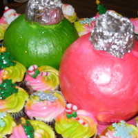 Christmas Ornaments Cake made this cake to match color scheme at a family party. cupcakes filled and airbrushed.