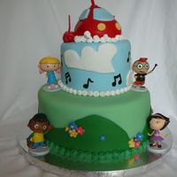 Little Einsteins Rocket is a carved 4" cake with fondant. The four characters are toys. Although it was a simple design, it seemed to take FOREVER and...