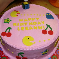 80S Pac Man Buttercream iced with fondant accents had to settle for a rkt cube well u know what happened to the one I made out of cake.Thanks for all...