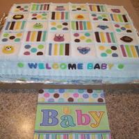 Quilt Baby Shower Cake Sheet cake, iced in buttercream with fondant accents. Made to coordinate with napkin pictured.