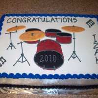 Drum Kit Graduation Cake Sheet cake, iced in buttercream with fondant drum kit designed to resemble graduate's own drum kit.