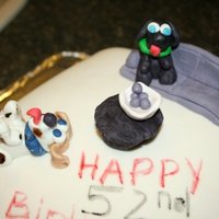 Dog Cake I made this cake for my moms Birthday, the two dogs are my parents dogs. The Cake has a raspberry filling, it was delicious.