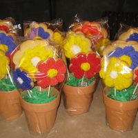 Flower Pot Bouquets Each pot has three sugar cookies that were baked on sucker sticks. They are iced with buttercream. The inside of each pot is lined with...