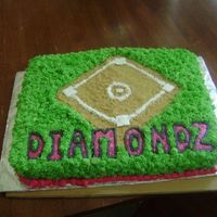 Softball Cake Field is graham crackers, chalk lines are powdered sugar. Cake glitter added to letters for sparkle. Chocolate cake with BC icing grass