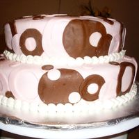 First Time Covering Cake W/fondant... My customer wanted pink with brown polka dots. This is what I came up with. She wanted a "funfetti" cake. I used an 8in and a...