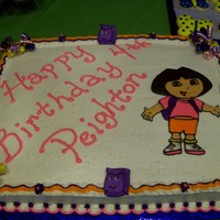 Dora The Explorer Cake I made this cake for my granddaughter who loves Dora. Cake is done with bc icing and Dora and her friends are done with color flow. This...