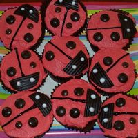 Ladybird Cupcakes Choc cupcakes with BC, decorated with smarties and licorice, piping gel details. First try.