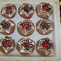 Spider Cupcakes Made for Halloween last year. Choc cupcake with choc frosting, vanilla choc fudge webs and choc covered lolly bodies. Stripes and eyes with...