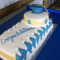 Graduation Cake BOTTOM VANILLA CAKE W/STRAWBERRY FILLING, ROUND CAKE CHOCOLATE W/BUTTERCREAM FILLING, MOTART HAT FONDANT AND ENTIRE CAKE WAS MADE WITH...