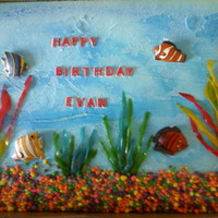 Fishy Cake bought a premade,prefrosted cake to save time, and sprayed it blue with the spray foodcoloring and used fruit roll ups for the sea weed and...