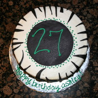 Classic Zebra Stripes WASC with white chocolate buttercream, black chocolate fondant strips and teal piping.