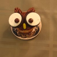 Owl Inspired by the owl in Hello Cupcake. The ears are frosted hazelnuts and the nose is a fruit and plenty candy.