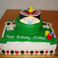 Vegas / Gambling Theme Birthday Cake Buttercream icing on bottom two layers, roulette wheel is covered in marshmallow fondant. Chocolate (cards, and card suit shapes) and...