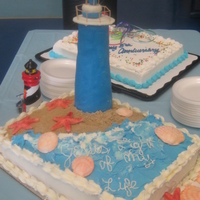 Light House On Beach light house made with crispie treats and fondant :) shells in gumpaste and fondant, everything else is buttercream and the sand is brown...