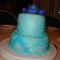 Baby Blue 2 Tier Birthday Cake WASC with buttercream icing and MMF. Used sky blue wiltons gel color. The roses were my first ever! The roses are sky blue mixed with...
