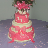 Girl Baby Shower 3 Tier Cake WASC strawberry milkshake frosting filling, bc under fondant, Fondant covered. Buttercream brush technique on the bottom layer (first time...