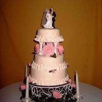 My First Wedding Cake I gifted this cake to my cousin and her new hubby. the bottum layer is choco w/ raspberry cream filling. the middle is white with peach...