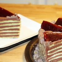 Hungarian Dobos Torte Nothing fancy, just a Dobos Torte, with crushed walnuts, with caramelized sugar triangles.Rich, but not sweet. Goes great with after dinner...