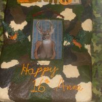 Camo Hunting Cake The only kind of cake my grandaughter wanted for her 16th birthday. It is 2 sheet cakes together. 1 yellow and 1 chocolate. The picture in...