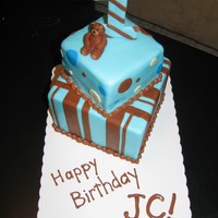 1St Birthday Teddy Bear 8" white/raspberry, 4" carrot/cream cheese, MMF. My first fondant teddy bear.