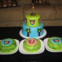 Monkey Cake For Triplets This is a first birthday cake for my friend's triplets. Bottom was chocolate mint/mint filling/ganache, top was pistachio with white...