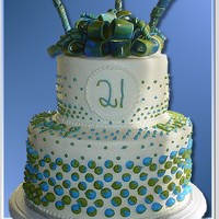 21St. Birthday Cake Vanilla pound cake filled with chocolate butter-cream and iced with butter-cream. Also decorated with a mmf bow.