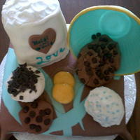 Kitchen Shower Cake Bottom of cake is Confetti cake and is the "table". Butter cream frosting and fondant "tablecloth". Bag of sugar is...