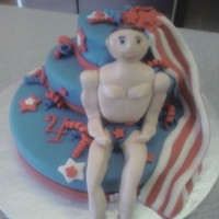 July 4, Birthday Cake, Body Builder Spice cake with Cinnamon cream cheese frosting covered with MMF. Fondant accents. Body Builder is gum paste. Thanks for Looking.
