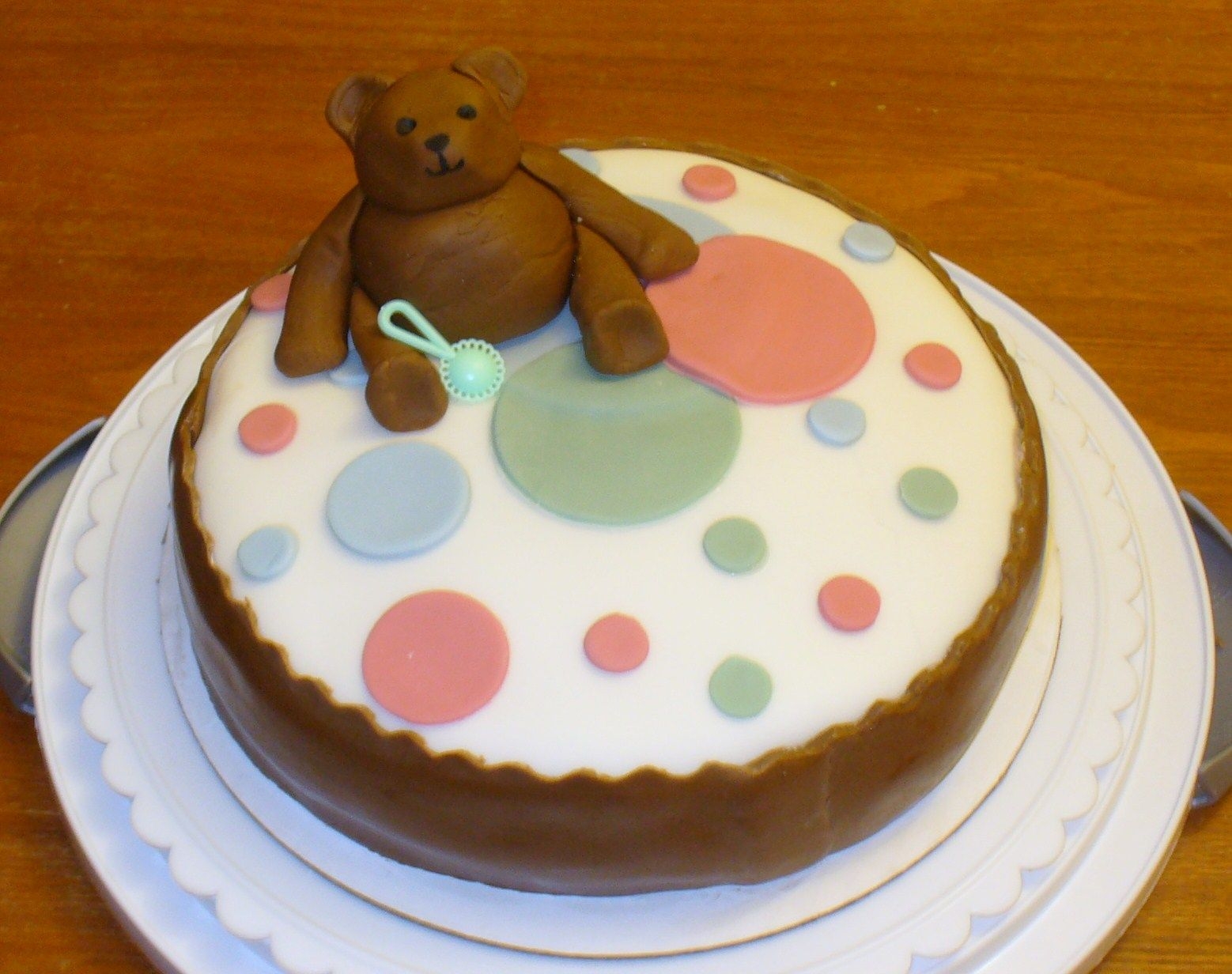 Polk-A-Dots And Teddy Baby Shower Cake This was my first fondant cake, for a baby shower for 2 friends of mine.