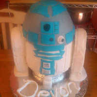 R2D2 R2D2 Birthday Cake for a six-year-old. Body is butter and chocolate cake with choc ganache filling. Arms and very top of the dome are rice...
