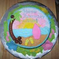 Hawaiian Sunset Sunset was painted on fondant with food coloring. Fondant palm tree leaves, surfboard and grass. Flowers and flipflops are gumpaste. Palm...