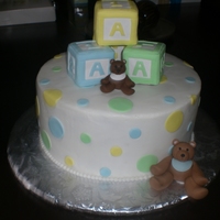 Baby Blocks Cake buttercream icing and fondant circles, minicakes in fondant, and bears in gumpaste