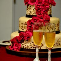 Tyler And Hannah's Wedding Cake Gum-paste red roses, royal icing stenciling...