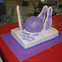 Bowling 9X13 sheet cake covered with buttercream icing. Ball pan covered in marbled fondant and dusted with shimmer dust. Sugar cookies iced with...