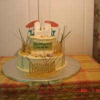 Relaxin' At The Beach. Double layer 6 and 10 inch round cake. My husband made the chairs b/c we were unable to find them. The client asked for real sea shells,...