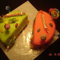 Candy Cake Candy theme sample cake for a Sweet 16. Pink cake is covered with boxed fondant colored and the green cake is marshmallow fondant both are...