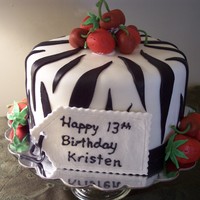 Zebra Cake With Gumpaste Fruit This chocolate cake with chocolate SMBC was covered with MMF and decorated with MMF zebra stripes. The birthday girl wanted gumpaste...