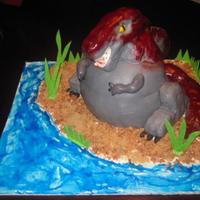 Spinosaurus birthday cake- red velvet w/cream cheese filling