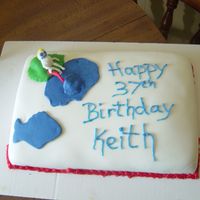 My Husband's 37Th Birthday This is my second fondant cake I ever made. My husband loves to fish so I attempted to make a fisherman standing on a hill fishing, but my...