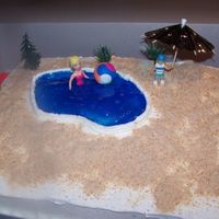 Pool Party Cake Chocolate cake with butter cream frosting ....pool is lined with fondant and filled with gel colored blue to look like water, and cookie...