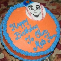 Mets Birthday Cake Vanilla Sponge Cake w/Vanilla Fluffy Puff Frosting. Fondant designed Mr. Met.