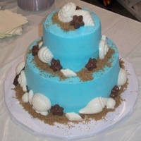 Beach Wedding Cake Buttercreme icing with White chocolate and milk chocolate candy shells.