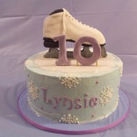 Ice Skating This is an 10" round covered in BC with fondant name, and topper. The ice skate is done with rkt covered in fondant.