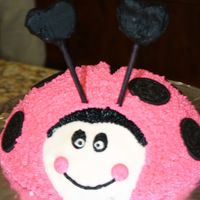 Pink Ladybug This is my first cake. It is eggless (my son has an allergy) and covered with BC. The antenna are made with sugar cookies and cookie pop...