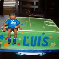 Soccer Boy Birthday Sheet cake for a great boy who loves to play soccer, BC w/fondant boy, ball, name and stars. Darned 96 degree weather - buttercream makes...